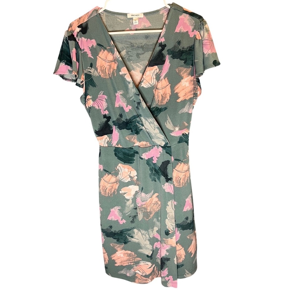 Nine West Grey Pink Abstract Floral Faux Wrap Dress Medium
